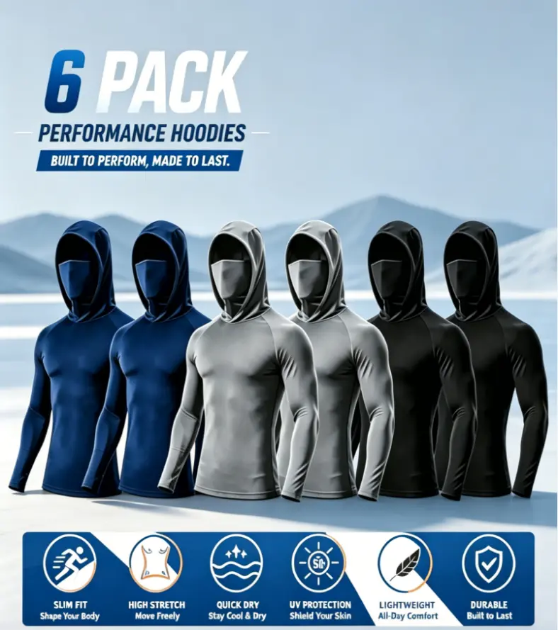 6 Pack Men UPF Sun Protection Compression Hooded Shirts, Quick Dry Breathable Long Sleeve Athletic Tops with Attached Face Mask, Lightweight Cooling Performance Activewear for Fishing Construction Outdoor Work