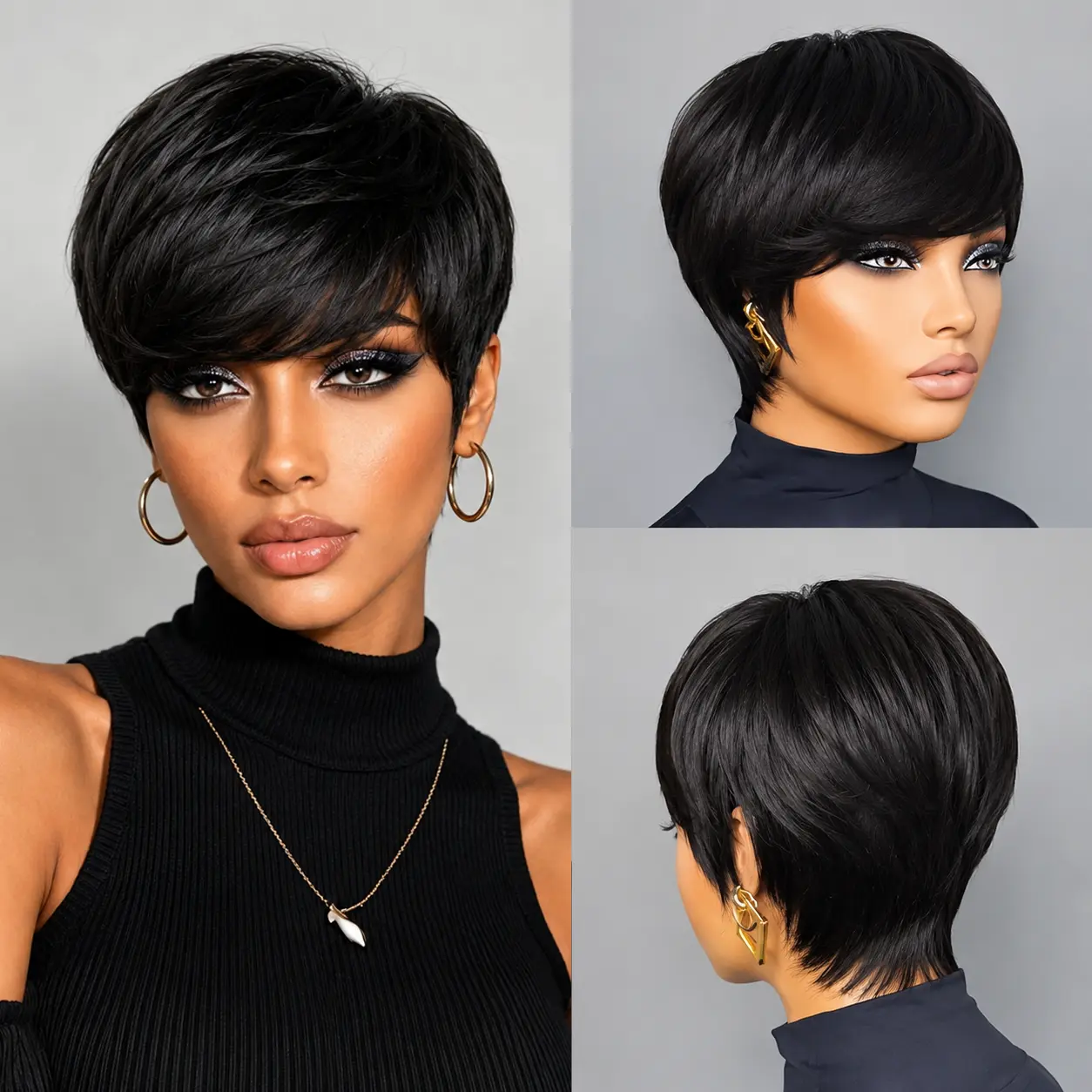 Pixie Cut Wig Virgin Human Hair Black & Highlight ColorfulWig with Bangs Full Machine ReadyTo Go Glueless Wig for Black Women