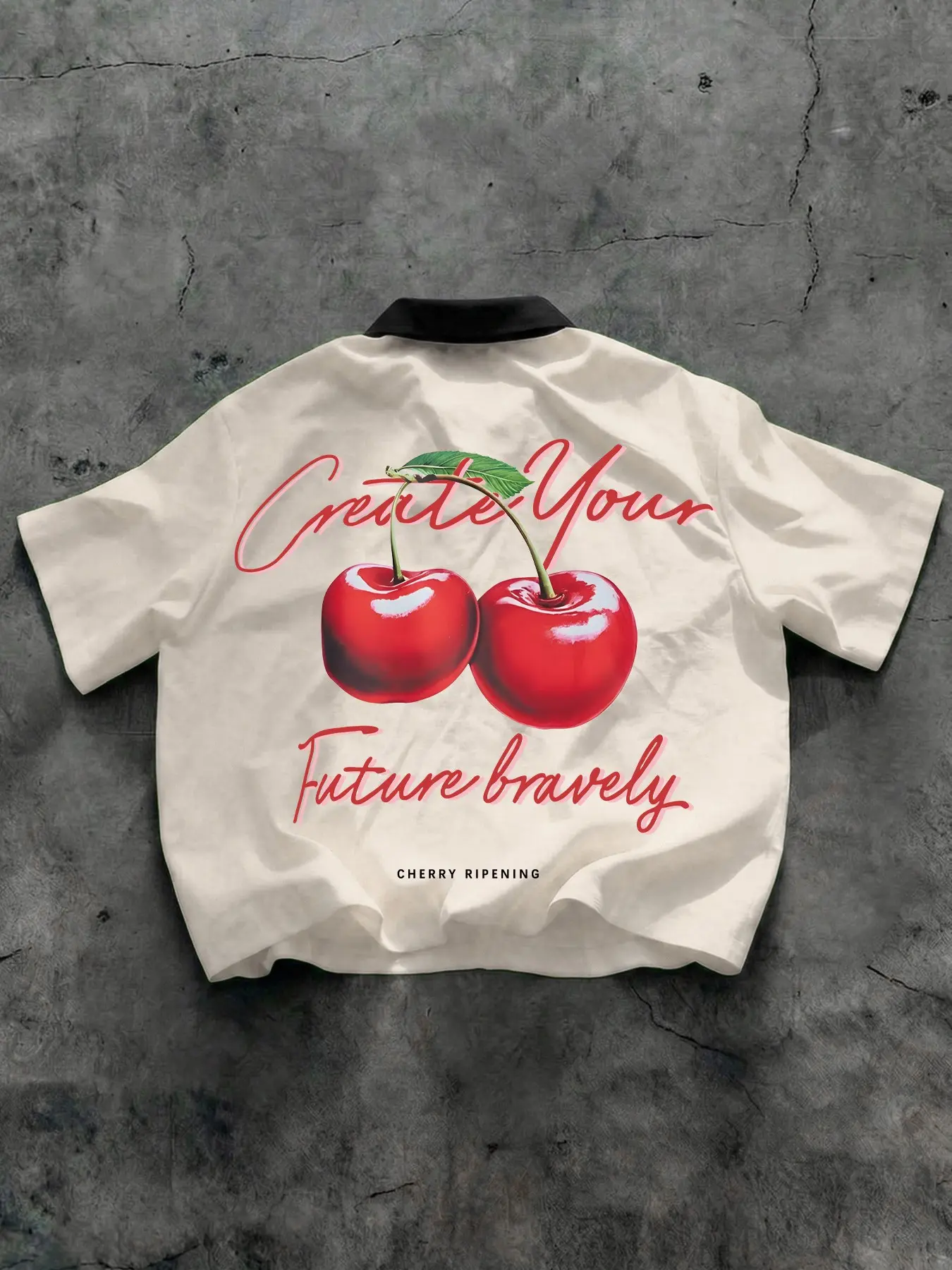 Unisex American Sweet Cool Fashion Style Cherry Print Short Sleeve Shirt, Options, Front Handwritten Slogan, Back Large Cherry Print