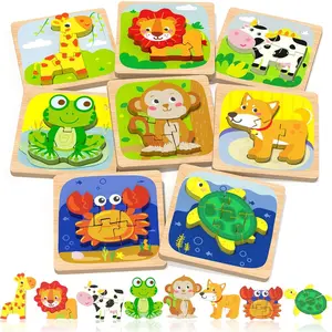 P-JP03     Wooden Toddler Puzzles, 8pcs Animal Montessori Toys for 1-3 Year Old Boys & Girls, Learning Educational Preschool Toys, Great Gifts for 1 2 3 Year Olds
