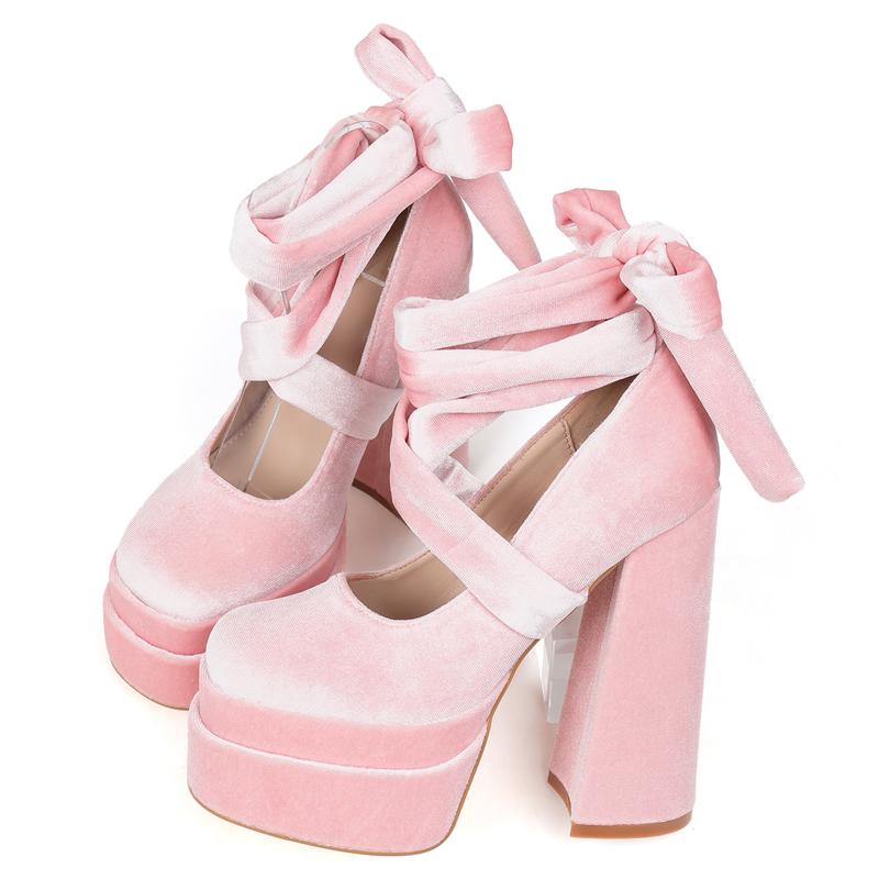 CYNLLIO Womens Mary Jane High Heels Square Toe Cross Tied Lace Up Bow Slip On Comfy Platform Chunky Heeled Dress Outing Wedding Party Casual Cosplay Spring Pump Shoes Valentine Gifts