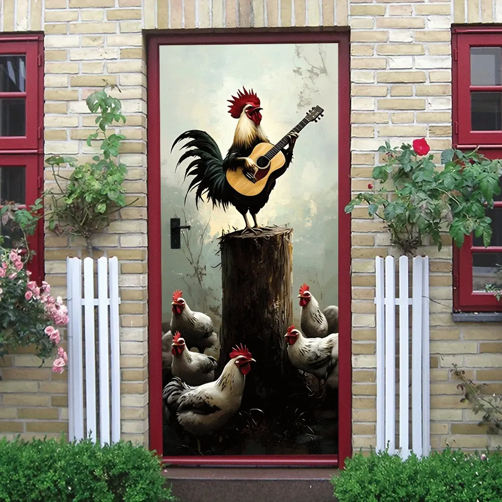 2pcs Creative Rooster Playing Guitar Wall Sticker Cartoon Animal Band Kids Room Decor Removable Living Room Bedroom Wall Art Decals Fun Farm Music Theme Home Decorations