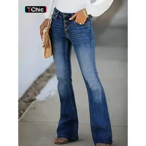 Women's flat button pocket flared pants, casual flared pants, suitable for giving gifts in all seasonsRAIMENTRY