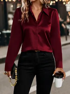 Women's Solid Color Long Sleeve Satin Casual Shirt, Fitted Plain Blouse for Spring & Fall, Daily Wear Female Clothing