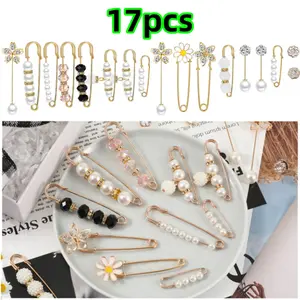 17 piece Safety Pins Pearl Brooch Faux Pearl Rhinestones Collar Safety Pin Pant Waist Tightener Pins Button Pins for Clothes Sweater Shawl Beauty & Personal Care