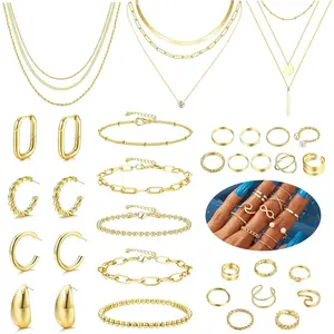 FASACCO Women's 2-Piece Gold Jewelry Set with Beads - Trendy Female Costume Accessories Including Layered Necklaces, Small Hoop Earrings, Bracelet for Daily Wear
