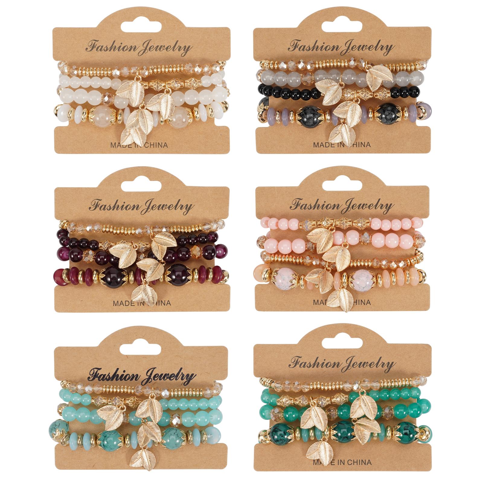 Bohemian Style Beaded Bracelet Set - 4 Pieces - Women's and Girls' Imitation Pearl Leaf Pendant Elastic Tassel Bangle - Fashionable Jewelry, Suitable for Everyday Wear, Couple Bracelets, Valentine's Day Gift.