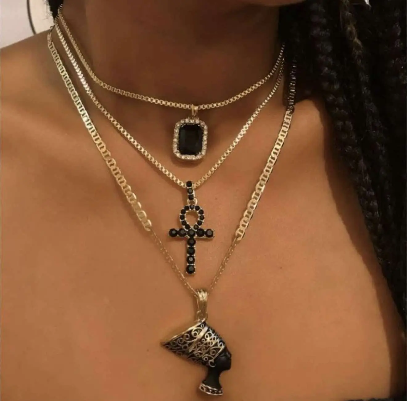Pharaoh Charm Multi Layer Ankh Pendant Necklace for Women - Sparkling Rhinestones Chains & Stainless Steel Chain - Religious Jewelry & Modern Versatile Accessories