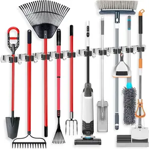 Wall Mount Broom Holder Stainless Steel 5 Racks with 4 Hooks Broom Organizer Self Adhesive Heavy Duty Laundry Room, Garage Organization Storage