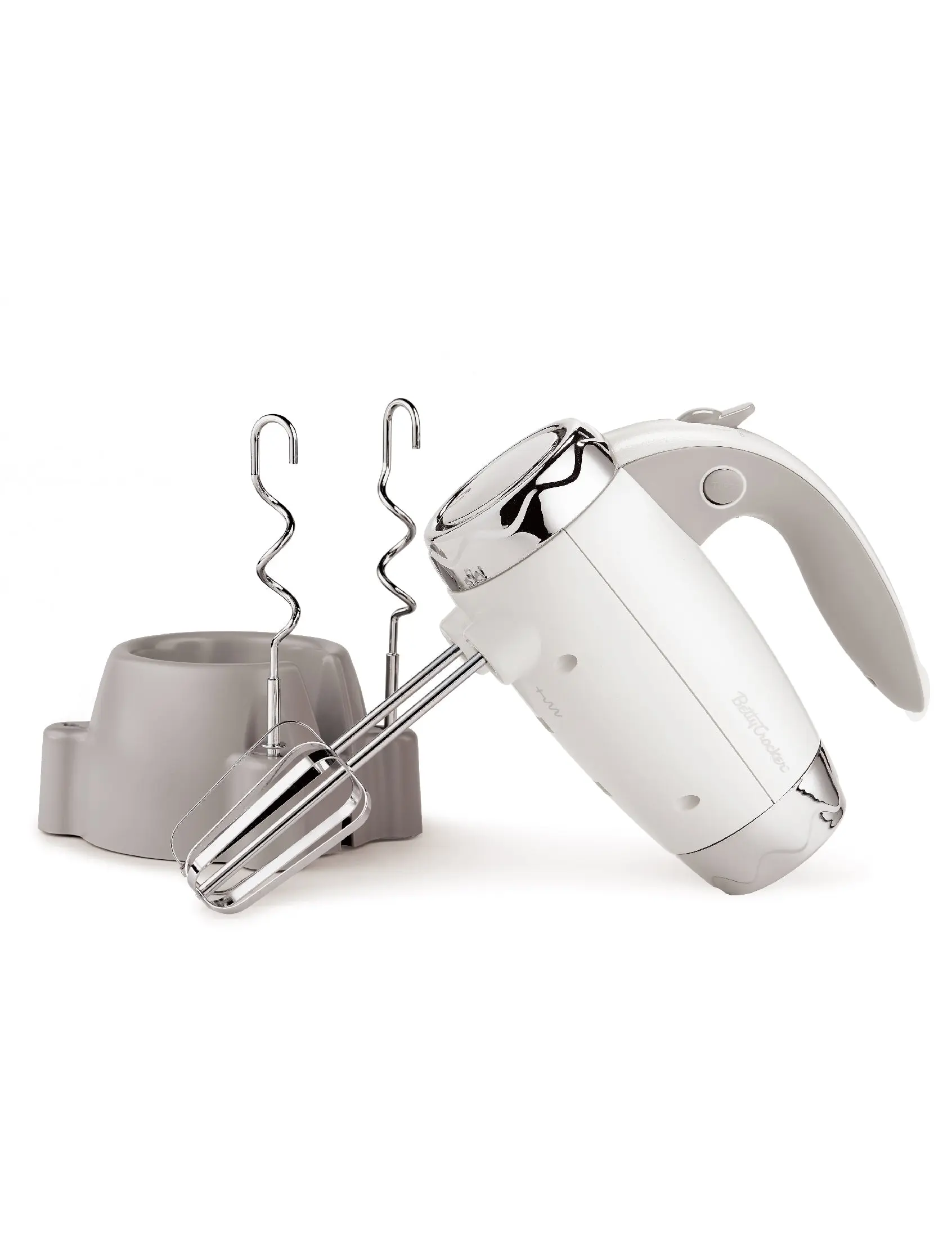 Betty Crocker 7-Speed Power-Up™ Hand Mixer with Stand, 300 Watt Electric Mixer with Beaters and Dough Hooks, Ergonomic Electric Hand Blender for Home & Kitchen with Stand, BC-4208W, White