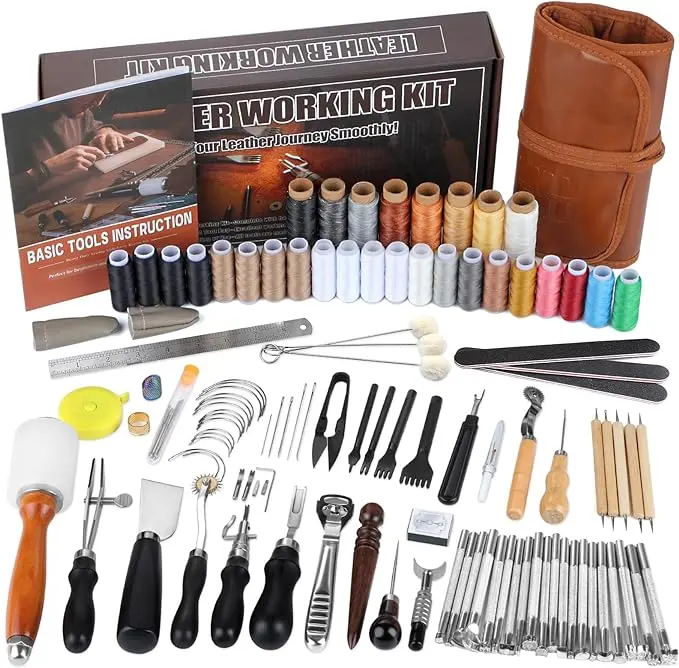 BUTUZE Leather Kit, Leather Tooling Kit, Practical Leather Working Tools with Leather Stamping Tools, Beveler, Groover, Stitching Punch Sewing Thread and Needles - Leather Roll Bag and Manual
