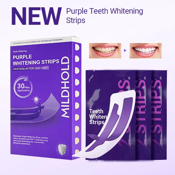 MILDHOLD Purple Tone Balancing Teeth Surface Brightening Strips Kit, At-Home Mild Vegan Oral Routine, Non-Slip Comfort Wear 30-Minute Disposable Strips to Soften Visible Coffee & Tea Surface Stain Appearance, Gentle on Tooth Enamel