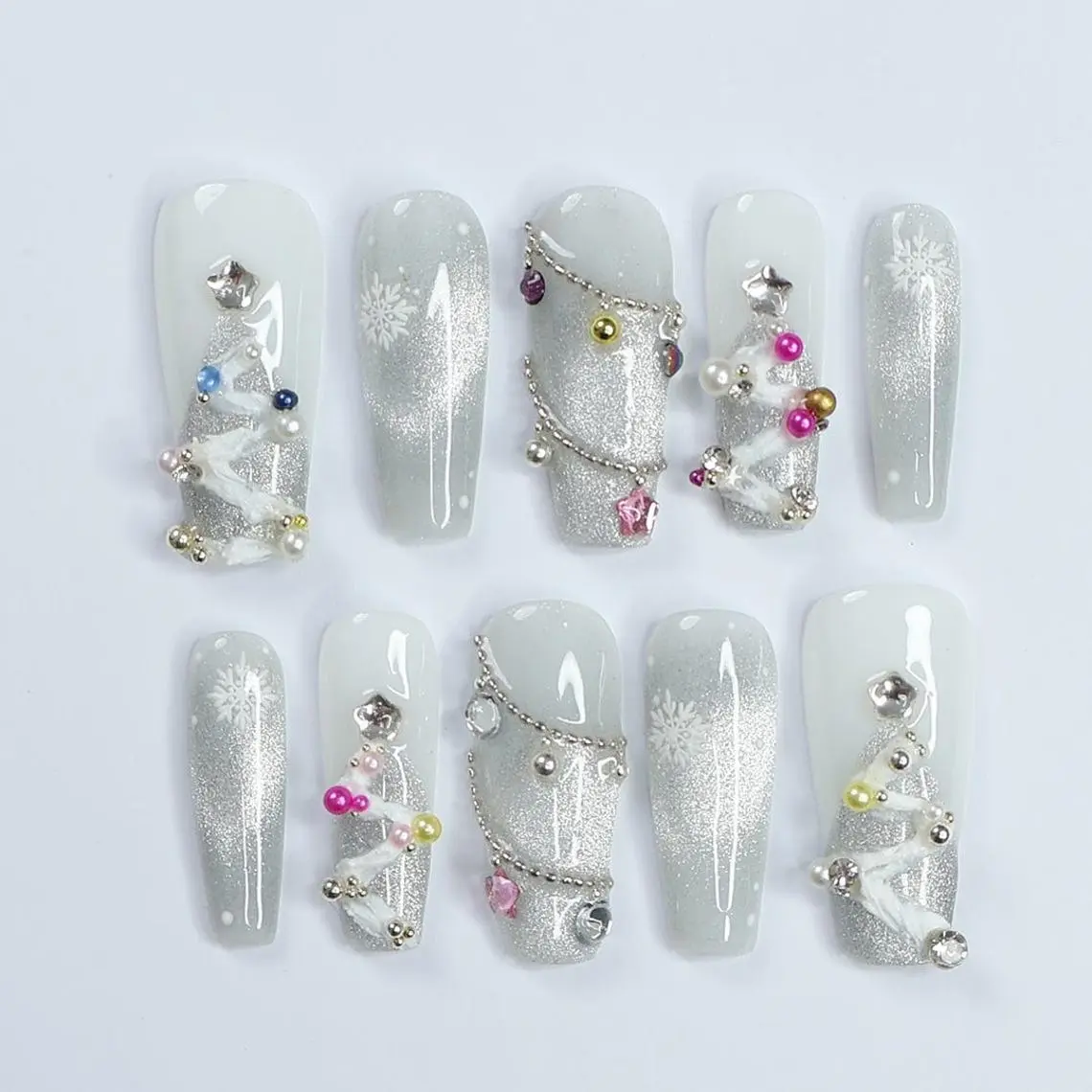 Elegant White Long Coffin Press-On Nails with Silver Chrome, Glitter & Gems - Perfect for Christmas Day or Gift for Her