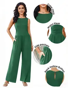 Ekouaer Spring Jumpsuits for Women One Piece Jumpsuit Wide Leg Summer Sleeveless Crewneck Casual Womens Romper Jumpers With Pockets 2026