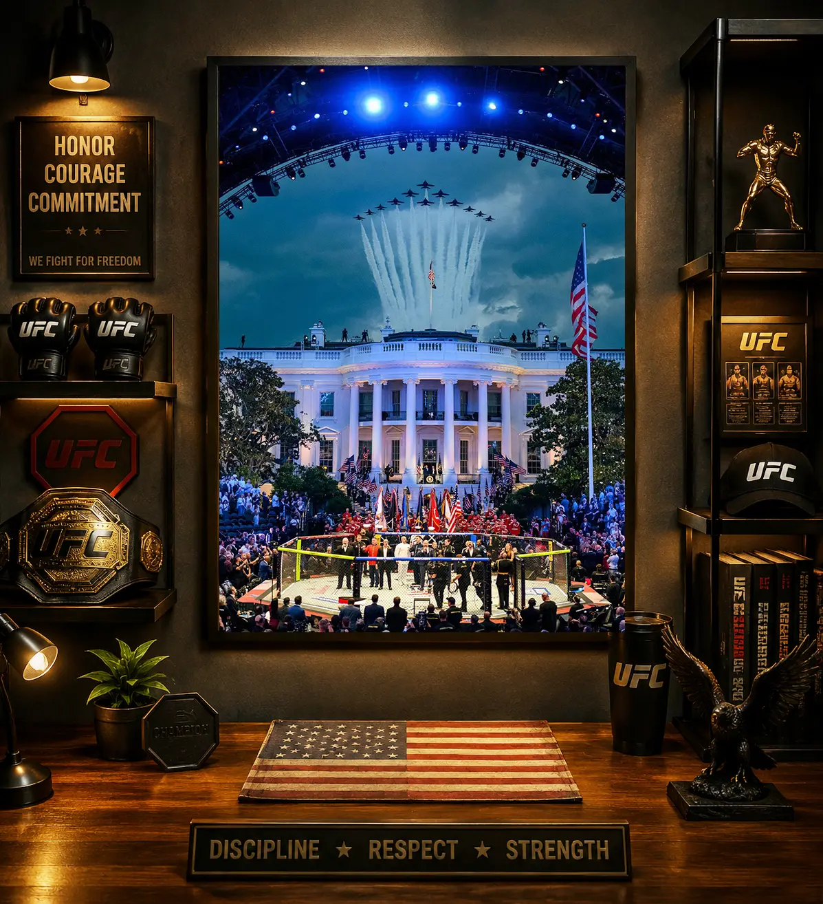 White House Flyover MMA Octagon Cage Fight Night Vertical Canvas Poster – Freedom 250 Celebration – American Flag Military Air Show Wall Art – Patriotic Home Decor – Man Cave Bedroom Gym Gift for Men and Women