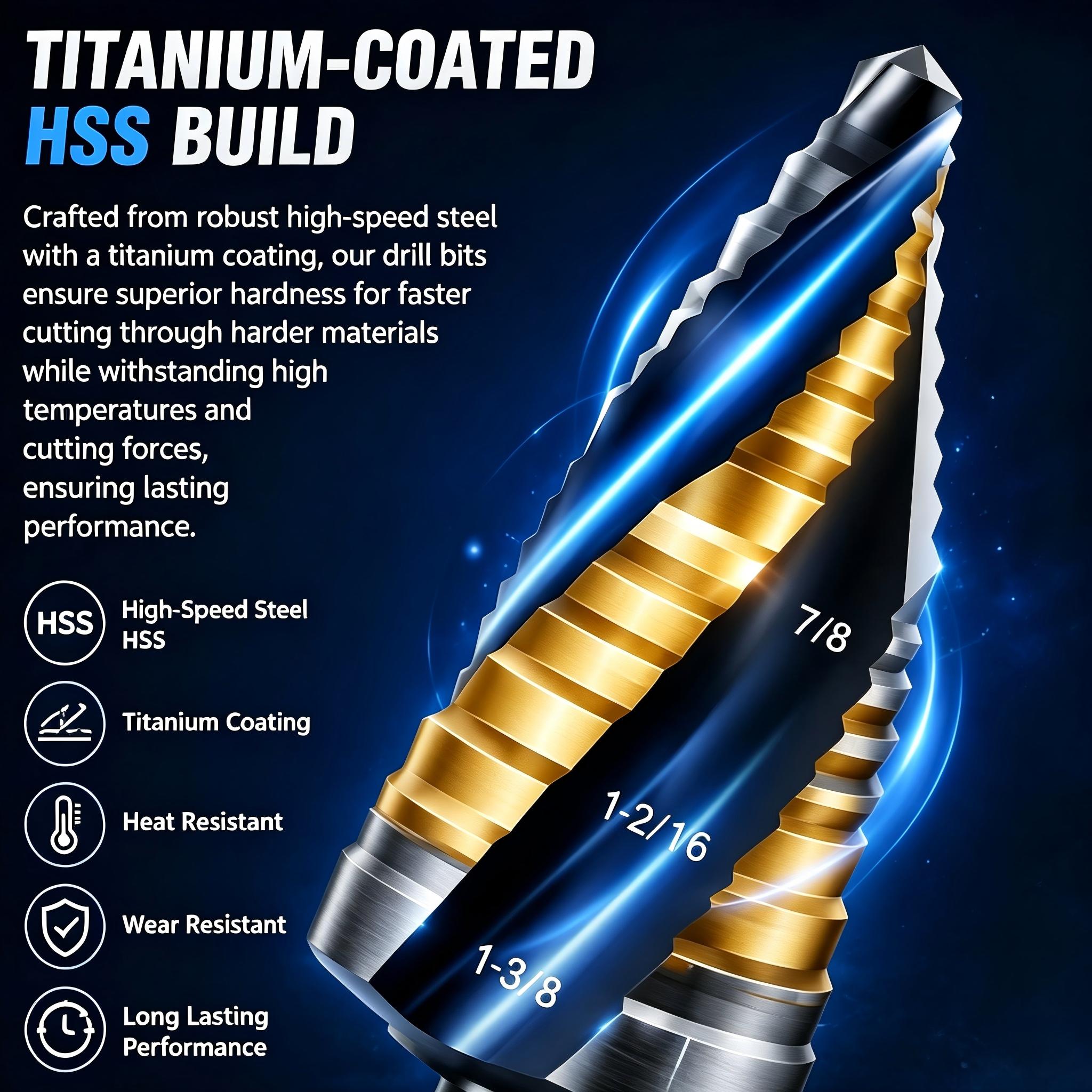 Step Drill Bits, Four Spiral Flute 5PCS HSS Titanium Step Drill Bit Set for Stainless Steel,Metal,Aluminum,Wood,Plastic Step Drill Bits, Four Spiral Flute 5PCS HSS Titanium Step Drill Bit Set for Stainless Steel,Metal,Aluminum,Wood,Plastic