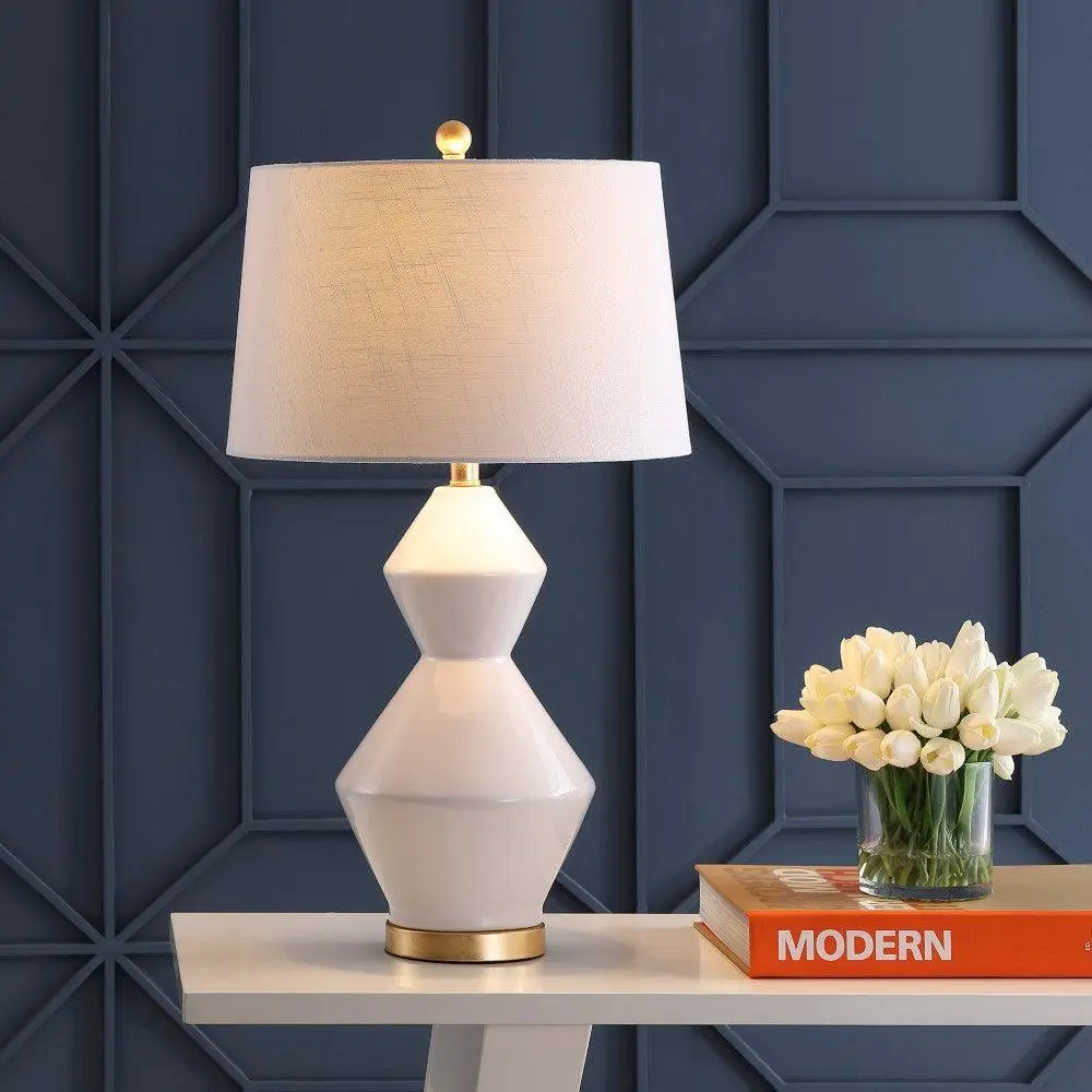 JONATHAN Y Alba Stacked Geometric Cotton-Ceramic-Metal Table Lamp - 9W Rotary LED Energy-Saver Indoor Lighting for Bedroom, Living Room, Table Lamps