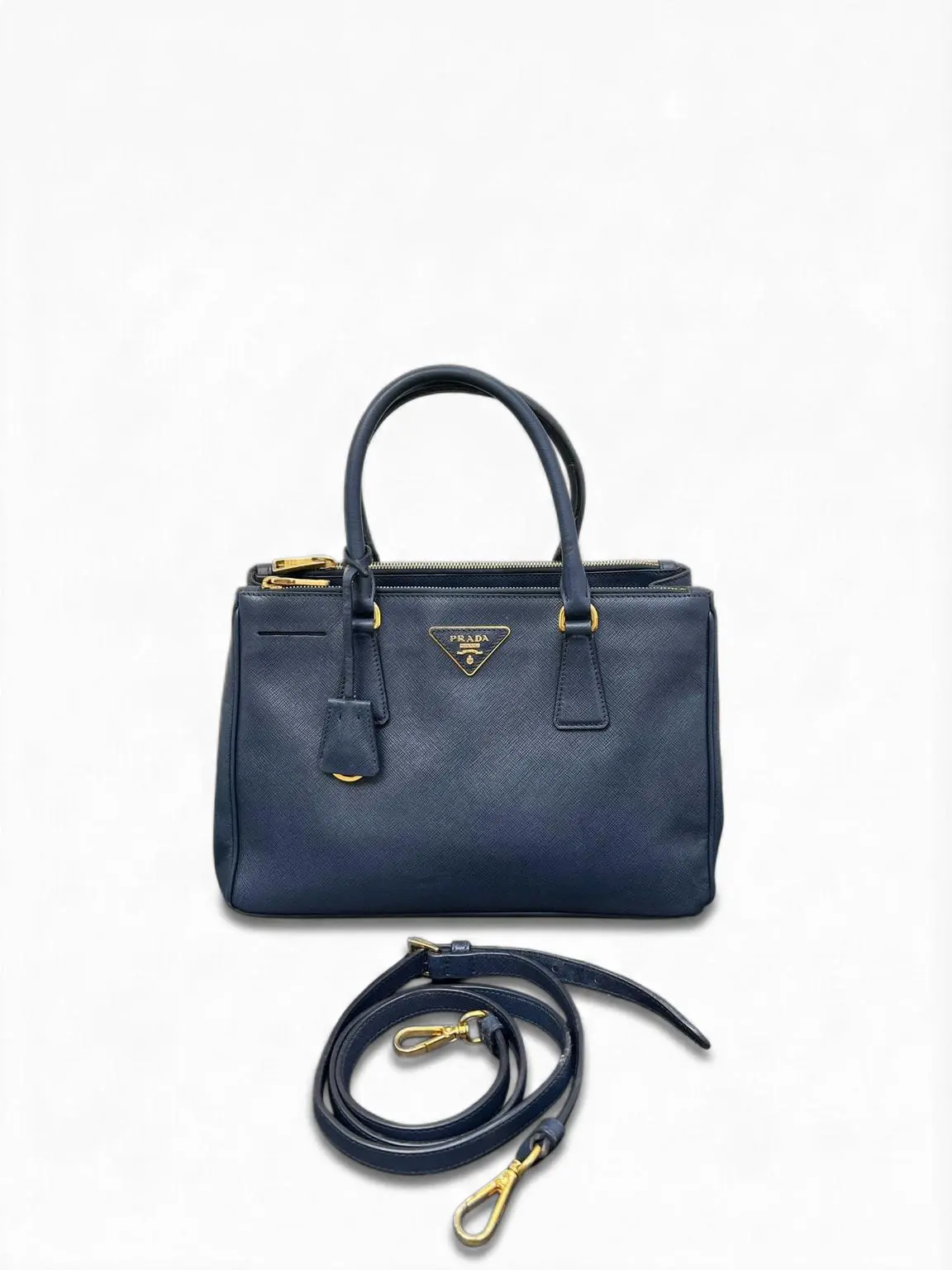 Pre-owned PRADA Saffiano leather Top Handle Bags Top Handle Galleria Bag Navy Blue, Certified Authentic Luxury Item, Gold Accent, Very Good Condition, Minor Creasing & Slight Wear on Corners, S013260228025