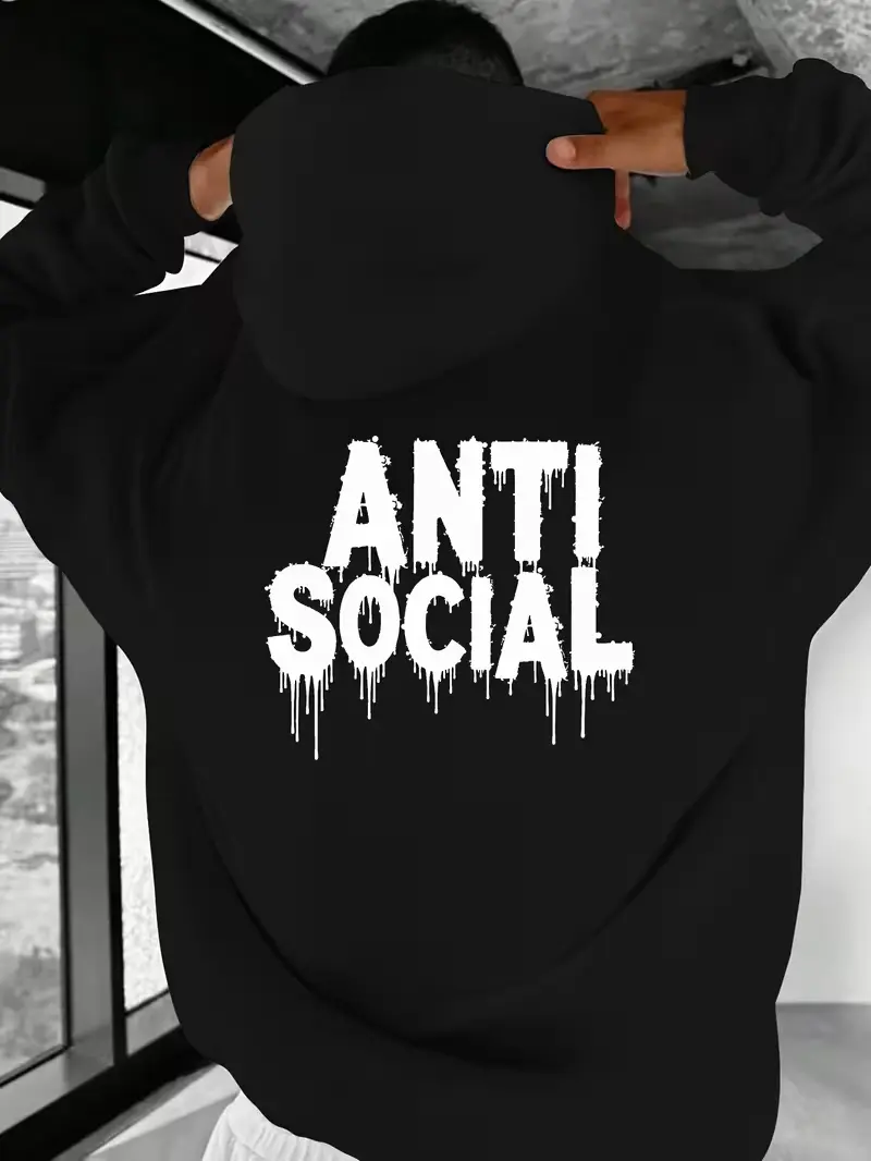 Men's Alternative Graphic Hoodie, Oversized Streetwear Pullover with 'Anti Social' Dripping Text, Smooth Plush Cotton-Fleece Lined Top