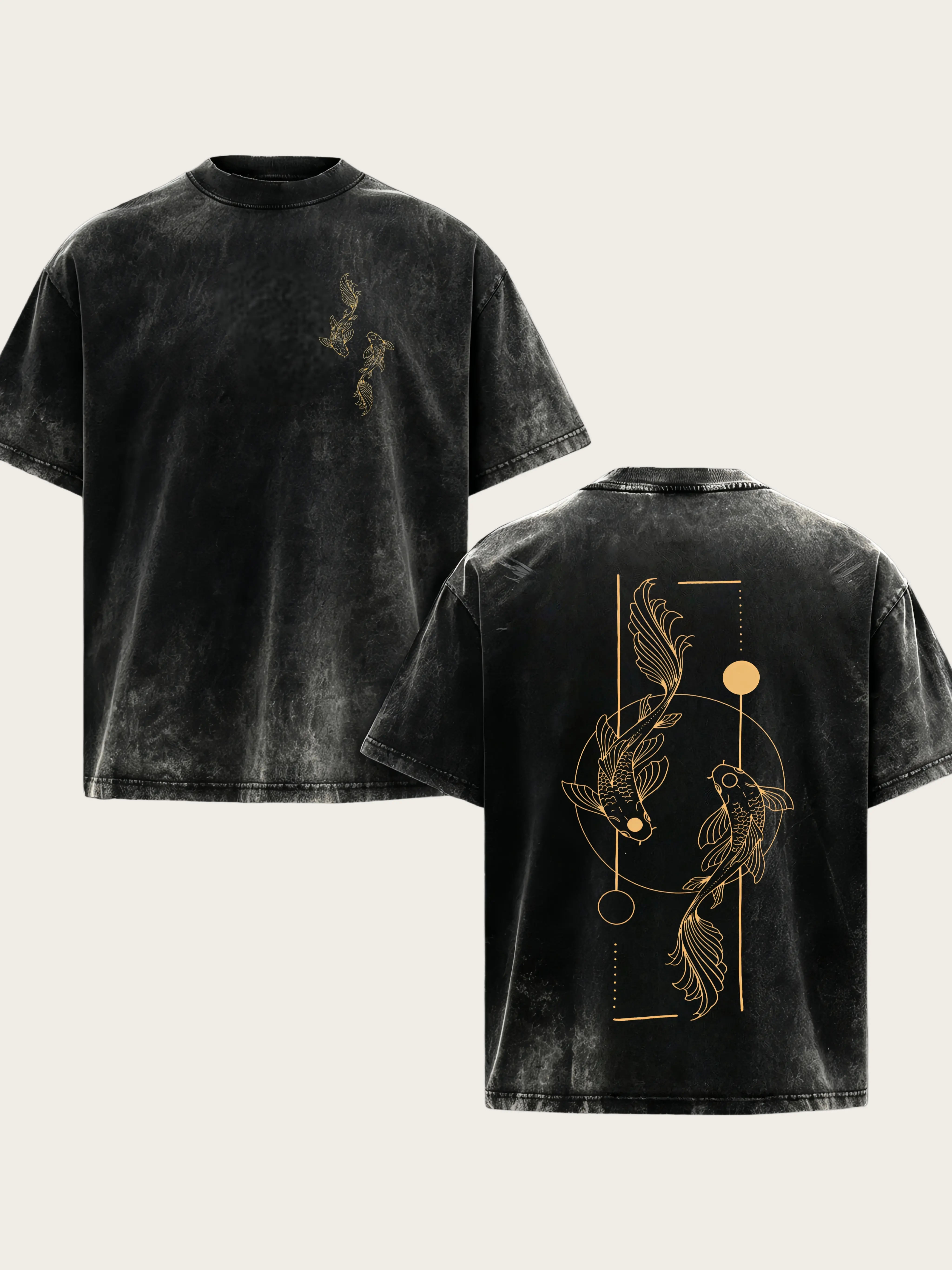 Men's Washed Vintage T-Shirt, Yin Yang Koi Fish Front & Back Print Oversized Tee, Oriental Asian Streetwear Casual Top #KoiFishTee #OrientalStreetwear #WashedVintageShirt #YinYangPrint #TikTokMadeMeBuyIt