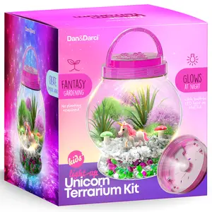 Dan&Darci Kids' Light-Up Unicorn Terrarium Kit with Interactive Rainbow Garden LED Glow Crystals & Figurine Fantasy Gardening Set