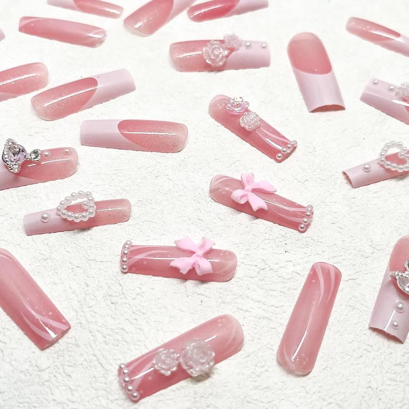 24pcs Long Square Press on Nails French Tip Fake Nails 3D Bow Heart Pearls Planet Charms Rhinestones Designs Acrylic Nails Glossy Pink Full Cover Glue on Nails for Women Girls Manicure Decoration
