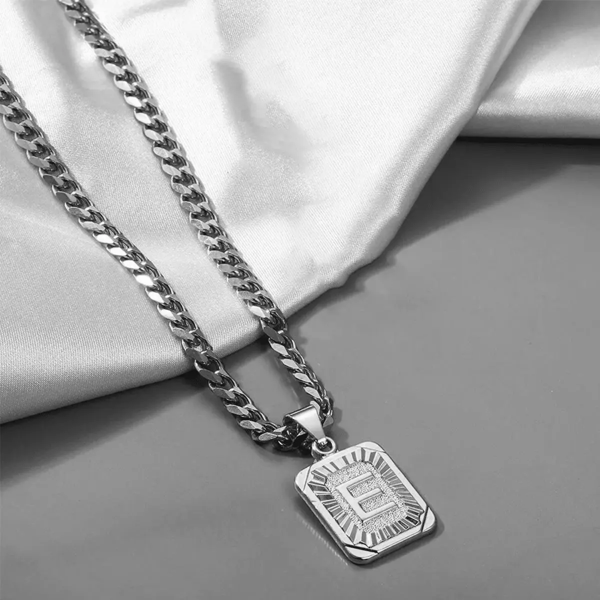 Stainless Steel A-Z Letter Necklace For Men Women Square Name Initial Pendant With 5mm Curb Cuban Chain
