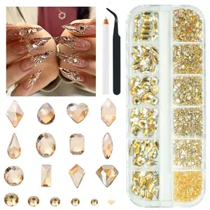 2052Pcs Golden Rhinestones for Nails 72pcs Multi Shapes Crystal Flatback Champagne gold Rhinestones Gems +1980pcs Round Beads Glass Stones Diamonds Jewels w Wax Pen for Faces Eyes Makeup Crafts