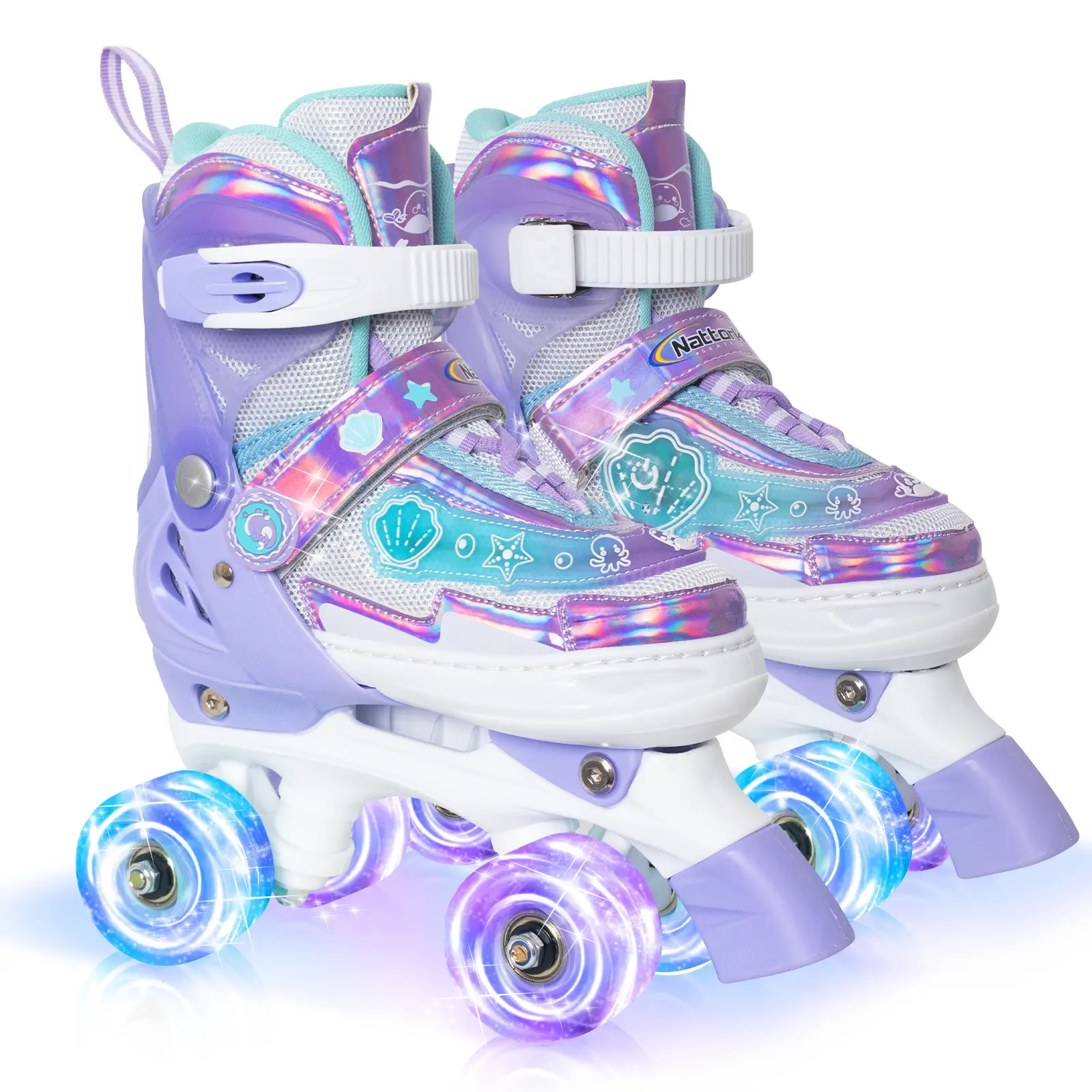 Nattork Magical Ocean Purple Roller Skates - Glittering Dolphin & Star Pattern Quad Skates - Flashing Wheels Outdoor Roller Skates for Kids, 4 Sizes Adjustable Kids Roller Skates for Beginners US Stock