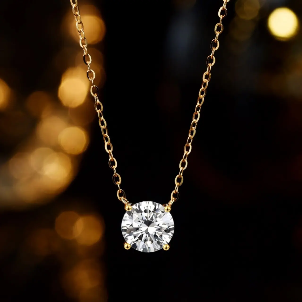 Women's Elegant Gold Moissanite Round-Diamond Necklace, Adjustable Length, 4-Prong Setting Pendant - Fashionable Costume Jewelry for Everyday Wear, Gifting