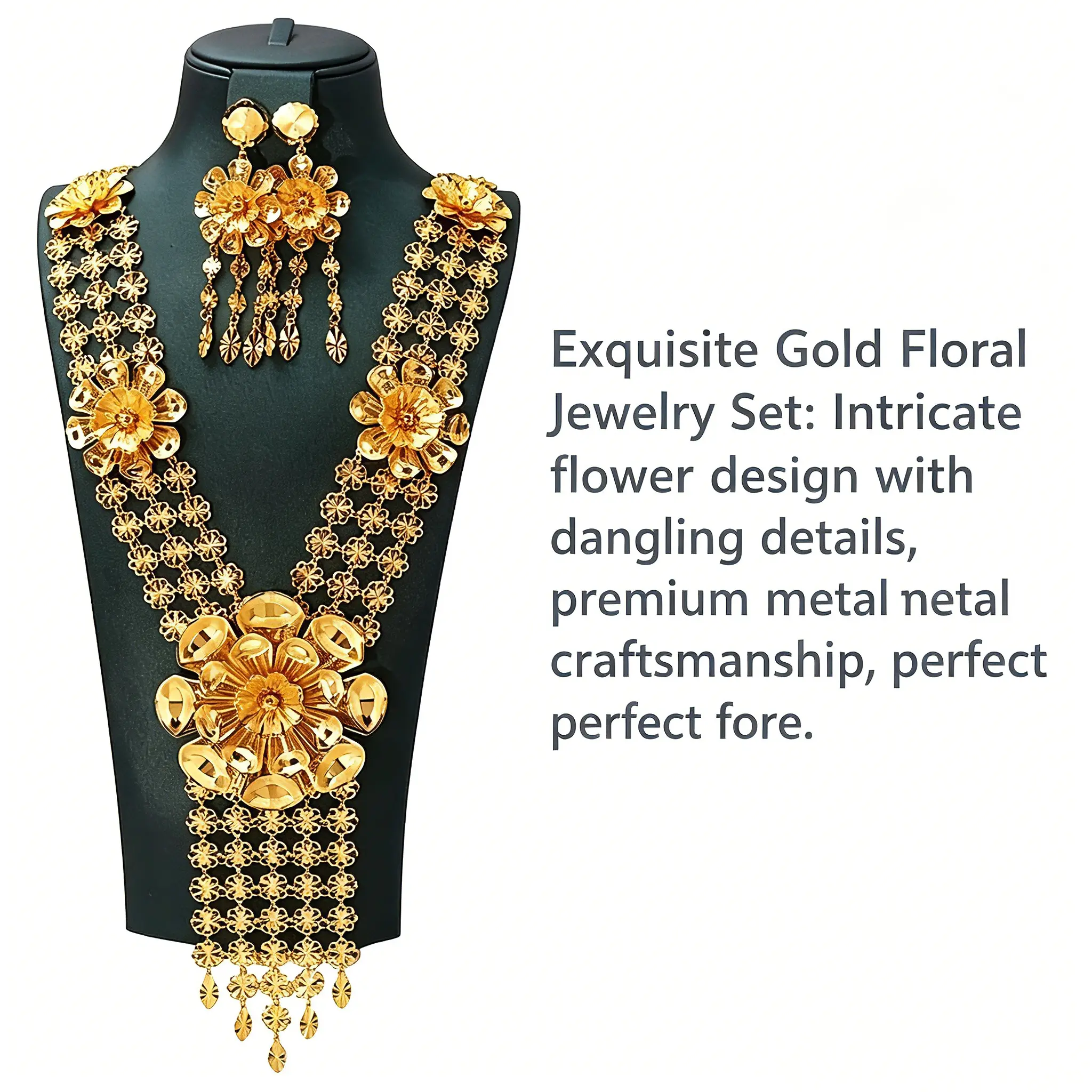 Gold Plated Cultural Jewelry Set, Elegant Floral Statement Necklace and Tassel Drop Earrings for Women, African Style Bridal Wedding Accessories, Middle Eastern, Adjustable, Alloy, Evening