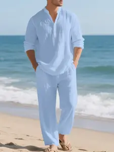 Men's Fashion Linen Set, V Neck Top & Pants, Breathable Skin-Friendly Material, Perfect for Vacation, Casual Wear, Beach Walks