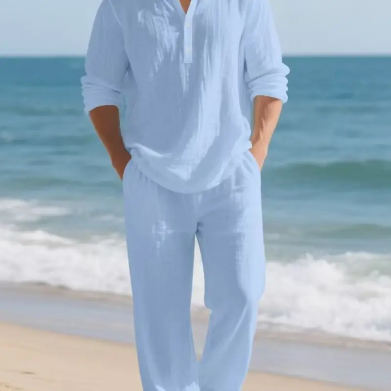Men's Fashion Linen Set Outfit, V Neck Top & Pants, Breathable Skin-Friendly Material, Perfect for Vacation, Casual Wear, Beach Walks