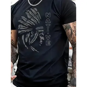 Graphic Print Crew Neck Short Sleeve T-shirt for Men- Native American Design, Casual Summer Tee for Daily Wear and Vacation Resorts