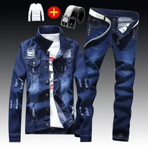 Love Street Style Men's Denim 2-Piece Set with Long Sleeve Jacket & Below the Ankle Jeans Classic Blue Fitted Fit for Casual Wear All Seasons Menswear Clothes