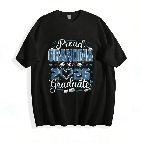 Women's T-Shirt for Grandmas, "Proud Grandma of a 2026 Graduate" Distressed Graphic, Casual Short Sleeve Cotton Polyester Tee with Graduation Accents, Sizes S-5XL, Shortsleeve, Fit