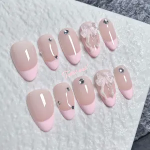 Bow French Tip Handmade Press-On Nails | Short Almond Shape, 10pcs | Sweet & Edgy Design | Nude Base & Black/Yellow/White/Pink French Tips & 3D Bows & Rhinestones | Reusable DIY Nail Kit for Spring Summer Dates & Parties | Trendy Cute Look
