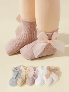 5 Pairs Knee-High Mesh Breathable Bow Princess Socks, Elegant Butterfly Design, Fitted for All Seasons, Socks Set