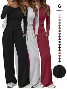 Women's Solid Ruched Drawstring Loungewear Set, Casual Breathable Long Sleeve Round Neck Top & Pocket Wide Leg Trousers, All Seasons Sleepwear Fit