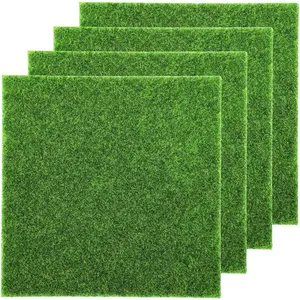 4 Pcs Fake Grass Decor for Crafts, 6 x 6 Inch Fairy Artificial Moss, Miniature Model Turf Grass Accessories for Fairy Garden, Dollhouse Ornament DIY Decoration, Diorama Supplies