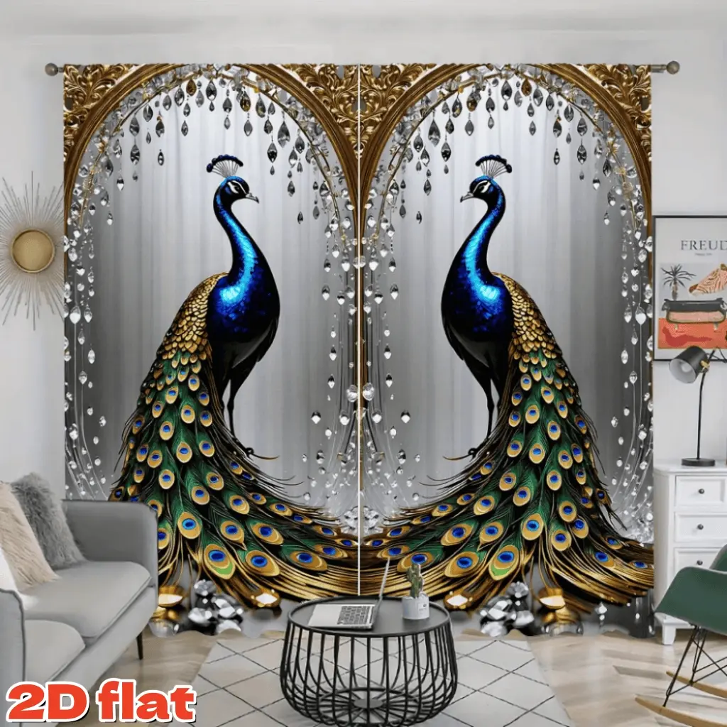 2D Flat 2Pcs Peacock Print Curtains for Living Room Bedroom Window Treatment, Modern Art Style Gold Crystal Design Drapes, Decorative Anti-Privacy Home Decor, Home Decoration Curtain, Semi-Sunshade Rod Pocket Curtains