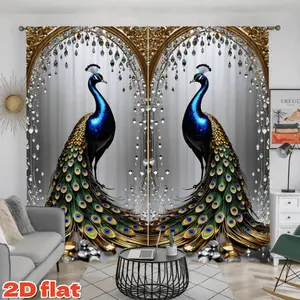 2D Flat 2Pcs Peacock Print Curtains for Living Room Bedroom Window Treatment, Modern Art Style Luxury Gold Crystal Design Drapes, Decorative Anti-Privacy Home Decor, Semi-Sunshade Rod Pocket Curtains, Curtain Panels