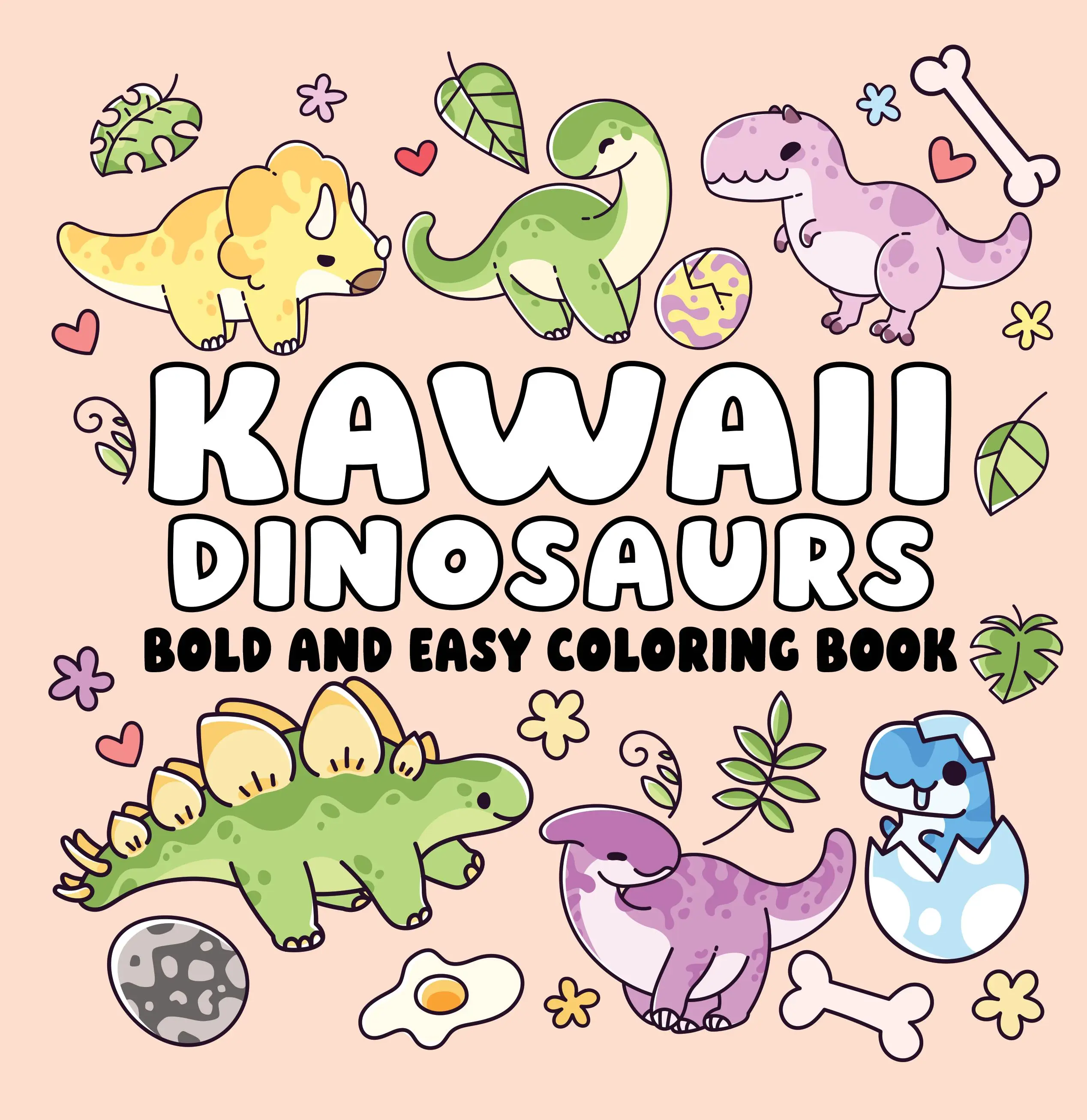 Kawaii Dinosaur Adult Coloring Paperbook - Unisex Office Art Supplies, Easy, Relaxing, Creative, Stylish Designs, Bold Lines, Ideal for Beginners