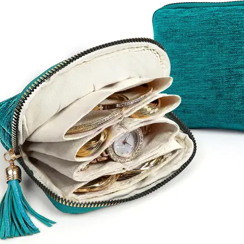 BOOVO Teal Blue Travel Jewelry Organizer Case with Tassel - 4.53" L x 4.53" W x 1.18" H Portable Soft Pouch, 5 Compartments, Scratch-Safe Hold for Bangles, Bracelets, Earrings, Necklaces, Women's Business Gift