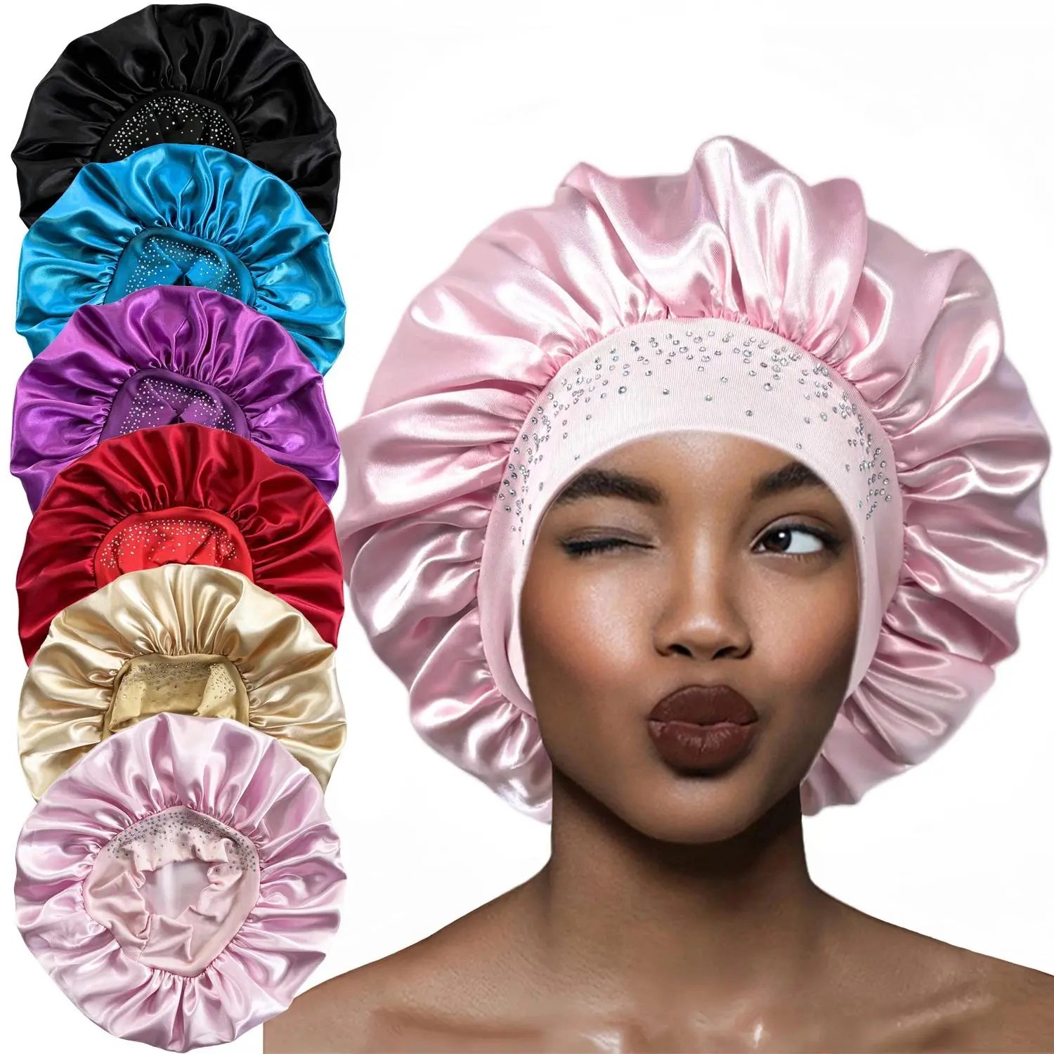 Rhinestone Satin Bonnet for Women, Solid Color Night Cap with Wide Elastic Band, Waterproof for Shower & Hair Care, Water Proof