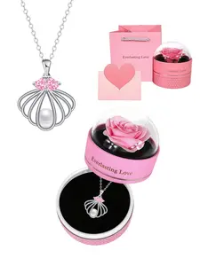 Shell Heart Pearl Glow Pink Diamond Necklace Mermaid Princess Shell Necklace, Minimalist Luxury Pink Zircon & Pearl Pendant Clavicle Chain, with Preserved Rose Gift Box, Ideal Mystery Gift for Birthdays, Mother’s Day, Valentine’s Day & Best Friends