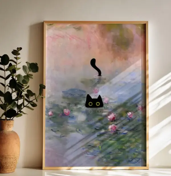 [40% OFF] [UNFRAMED]     Monet Waterlily Cat Print, Claude Monet Cat Poster, Cat Art, Floral Print, Wall Art, Monet Office Wall Decor, Living Room Wall Art, Cat Gift