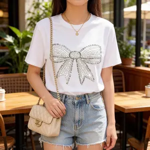 Women's Rhinestone Bow Graphic Cotton T-Shirt, Y2K Sparkly Bow Print Oversized Streetwear, Short Sleeve Elastic Casual Summer Top, Trendy Coquette Aesthetic Fit for Women