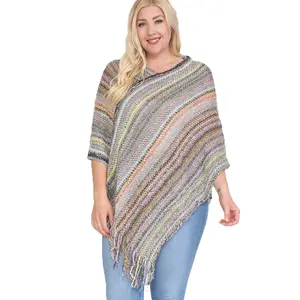 RK Apparel Fashion Culture Women's Striped Fringe Hem Stockinette Knit Poncho Sweater, One Size, Multi
