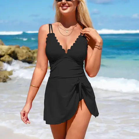 Charmo Women's 1-Piece Swimdress - V-Neck Long Torso Bathing Suit with Tummy Control, Tie-Knot Skirt, Smooth Elastic Soft Fabric, Cruise Outfits for Women